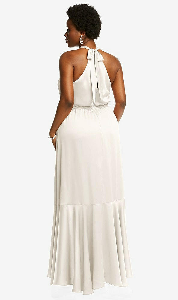 Back View - Ivory Tie-Neck Halter Maxi Dress with Asymmetric Cascade Ruffle Skirt