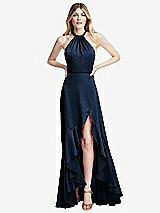 Alt View 1 Thumbnail - Midnight Navy Tie-Neck Halter Maxi Dress with Asymmetric Cascade Ruffle Skirt