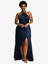 Alt View 4 Thumbnail - Midnight Navy Tie-Neck Halter Maxi Dress with Asymmetric Cascade Ruffle Skirt