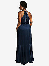 Rear View Thumbnail - Midnight Navy Tie-Neck Halter Maxi Dress with Asymmetric Cascade Ruffle Skirt