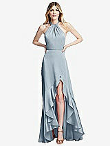 Alt View 1 Thumbnail - Mist Tie-Neck Halter Maxi Dress with Asymmetric Cascade Ruffle Skirt