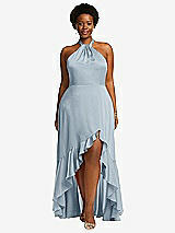 Front View Thumbnail - Mist Tie-Neck Halter Maxi Dress with Asymmetric Cascade Ruffle Skirt