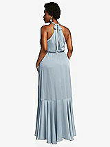 Rear View Thumbnail - Mist Tie-Neck Halter Maxi Dress with Asymmetric Cascade Ruffle Skirt