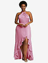 Alt View 4 Thumbnail - Powder Pink Tie-Neck Halter Maxi Dress with Asymmetric Cascade Ruffle Skirt