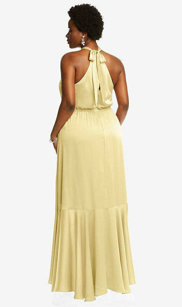 Back View - Pale Yellow Tie-Neck Halter Maxi Dress with Asymmetric Cascade Ruffle Skirt