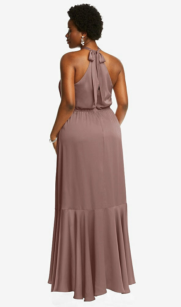 Back View - Sienna Tie-Neck Halter Maxi Dress with Asymmetric Cascade Ruffle Skirt