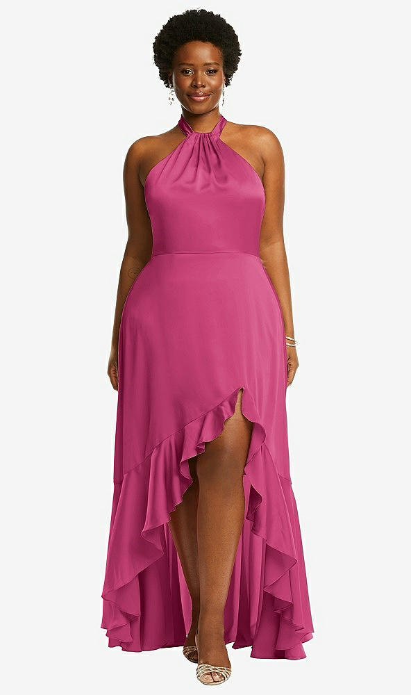 Front View - Tea Rose Tie-Neck Halter Maxi Dress with Asymmetric Cascade Ruffle Skirt