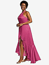 Side View Thumbnail - Tea Rose Tie-Neck Halter Maxi Dress with Asymmetric Cascade Ruffle Skirt