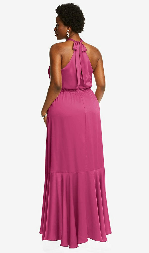 Back View - Tea Rose Tie-Neck Halter Maxi Dress with Asymmetric Cascade Ruffle Skirt