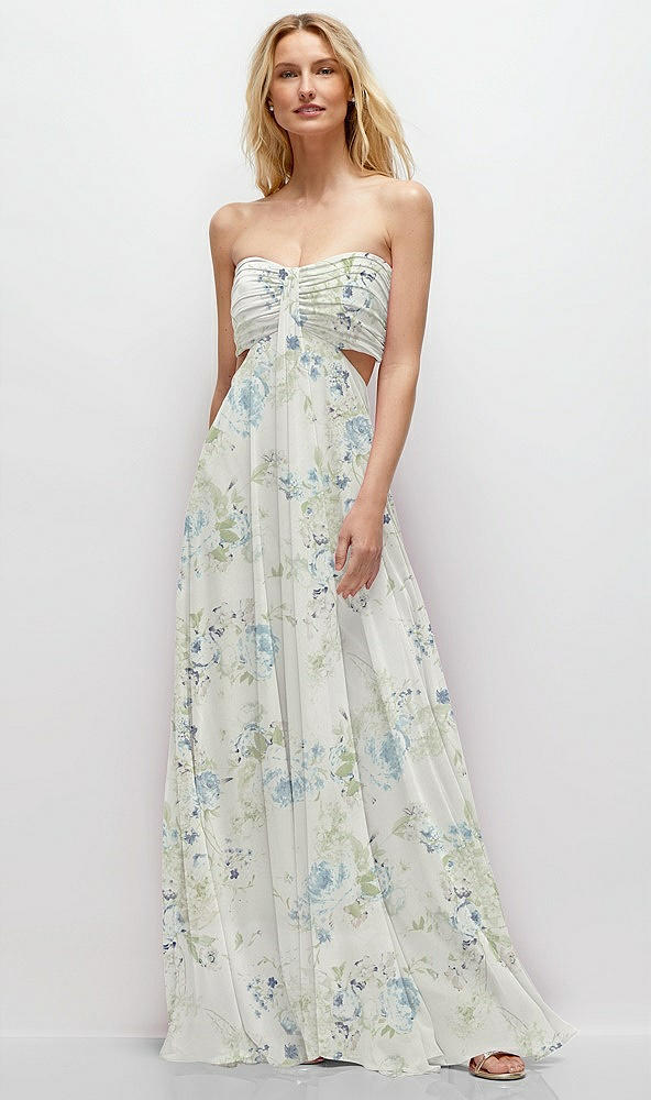 Front View - Bleu Garden Strapless Empire Waist Cutout Maxi Dress with Covered Button Detail