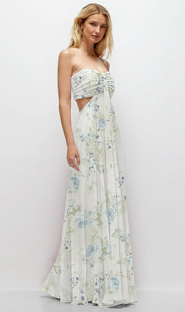 Back View - Bleu Garden Strapless Empire Waist Cutout Maxi Dress with Covered Button Detail