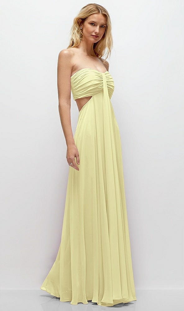 Back View - Butter Yellow Strapless Empire Waist Cutout Maxi Dress with Covered Button Detail