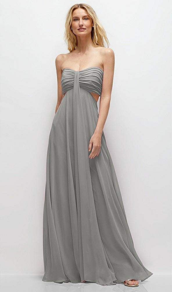 Front View - Chelsea Gray Strapless Empire Waist Cutout Maxi Dress with Covered Button Detail