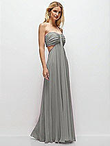 Rear View Thumbnail - Chelsea Gray Strapless Empire Waist Cutout Maxi Dress with Covered Button Detail