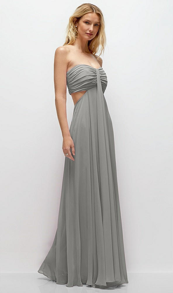 Back View - Chelsea Gray Strapless Empire Waist Cutout Maxi Dress with Covered Button Detail