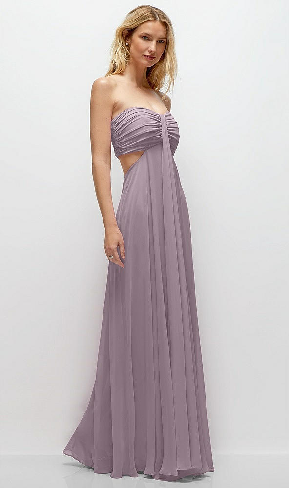 Back View - Lilac Dusk Strapless Empire Waist Cutout Maxi Dress with Covered Button Detail