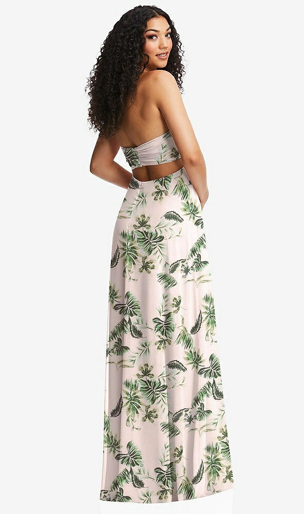 Back View - Palm Beach Print Strapless Empire Waist Cutout Maxi Dress with Covered Button Detail