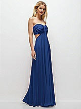 Rear View Thumbnail - Classic Blue Strapless Empire Waist Cutout Maxi Dress with Covered Button Detail