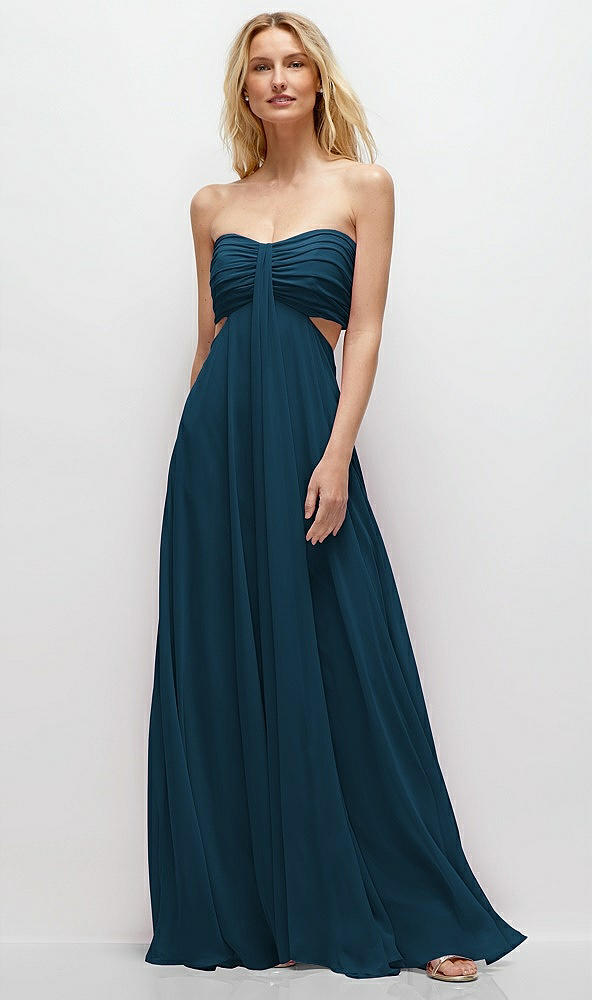 Front View - Atlantic Blue Strapless Empire Waist Cutout Maxi Dress with Covered Button Detail