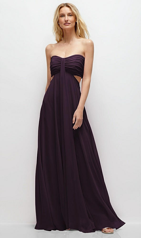 Front View - Aubergine Strapless Empire Waist Cutout Maxi Dress with Covered Button Detail