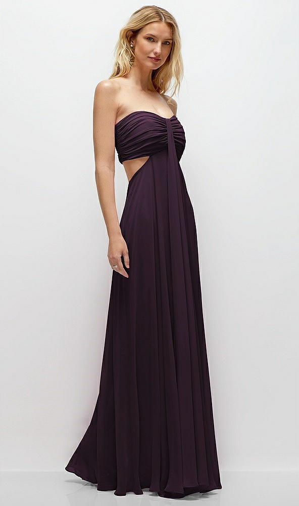 Back View - Aubergine Strapless Empire Waist Cutout Maxi Dress with Covered Button Detail