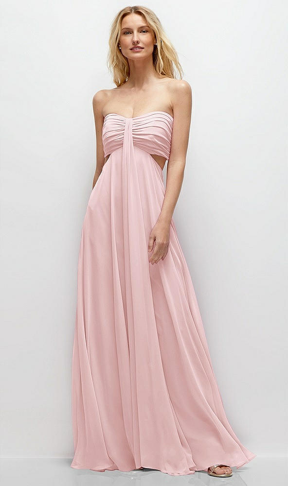 Front View - Ballet Pink Strapless Empire Waist Cutout Maxi Dress with Covered Button Detail