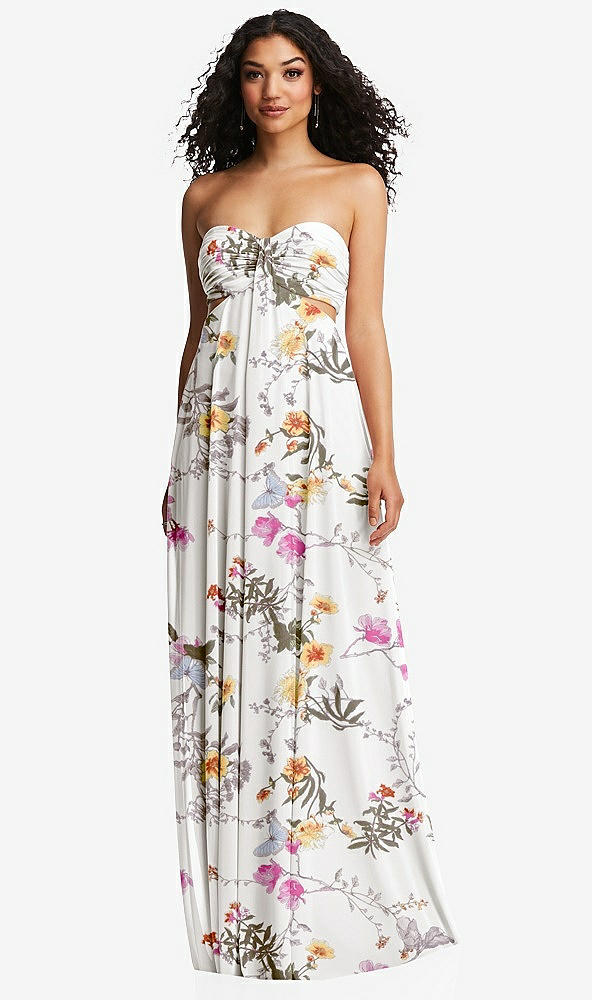 Front View - Butterfly Botanica Ivory Strapless Empire Waist Cutout Maxi Dress with Covered Button Detail