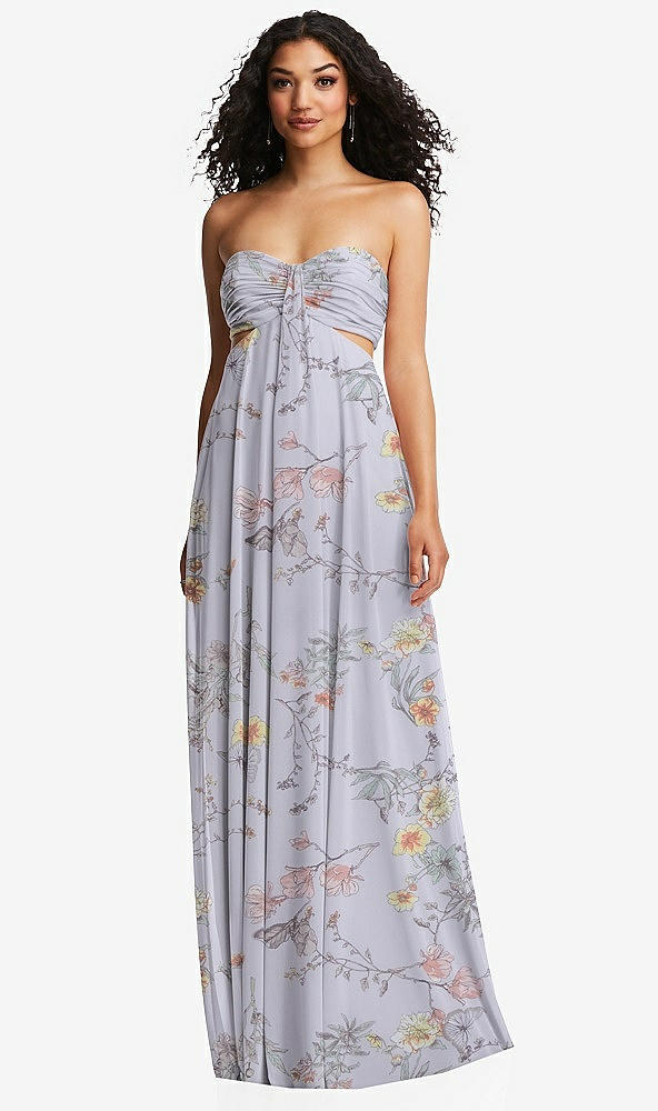 Front View - Butterfly Botanica Silver Dove Strapless Empire Waist Cutout Maxi Dress with Covered Button Detail