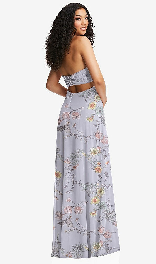 Back View - Butterfly Botanica Silver Dove Strapless Empire Waist Cutout Maxi Dress with Covered Button Detail