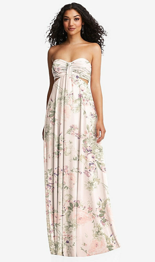 Front View - Blush Garden Strapless Empire Waist Cutout Maxi Dress with Covered Button Detail