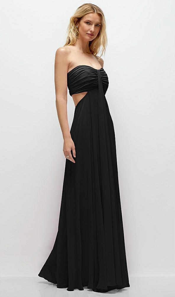 Back View - Black Strapless Empire Waist Cutout Maxi Dress with Covered Button Detail