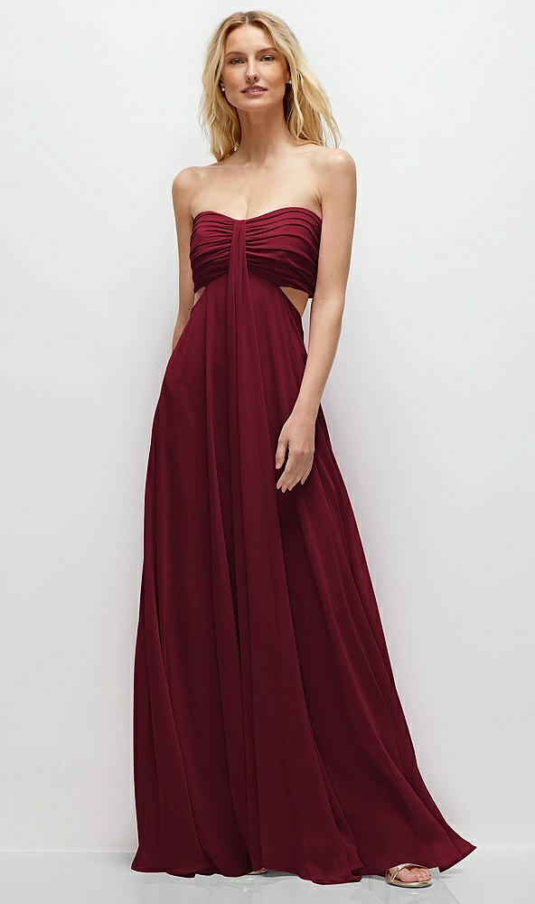 Front View - Burgundy Strapless Empire Waist Cutout Maxi Dress with Covered Button Detail