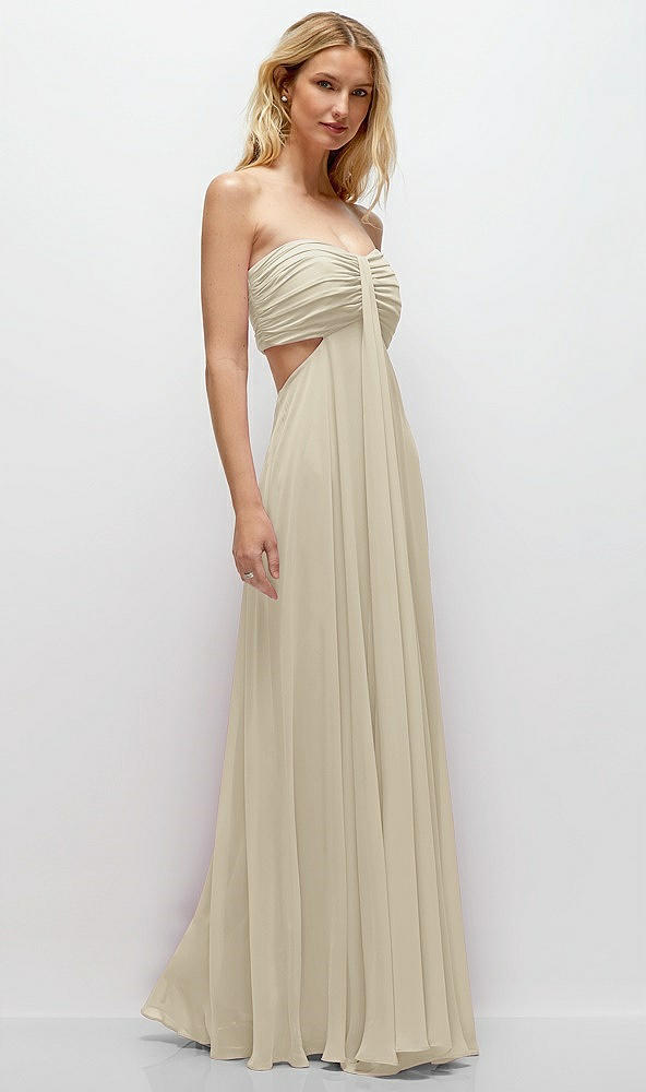 Back View - Champagne Strapless Empire Waist Cutout Maxi Dress with Covered Button Detail