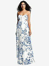 Front View Thumbnail - Cottage Rose Dusk Blue Strapless Empire Waist Cutout Maxi Dress with Covered Button Detail