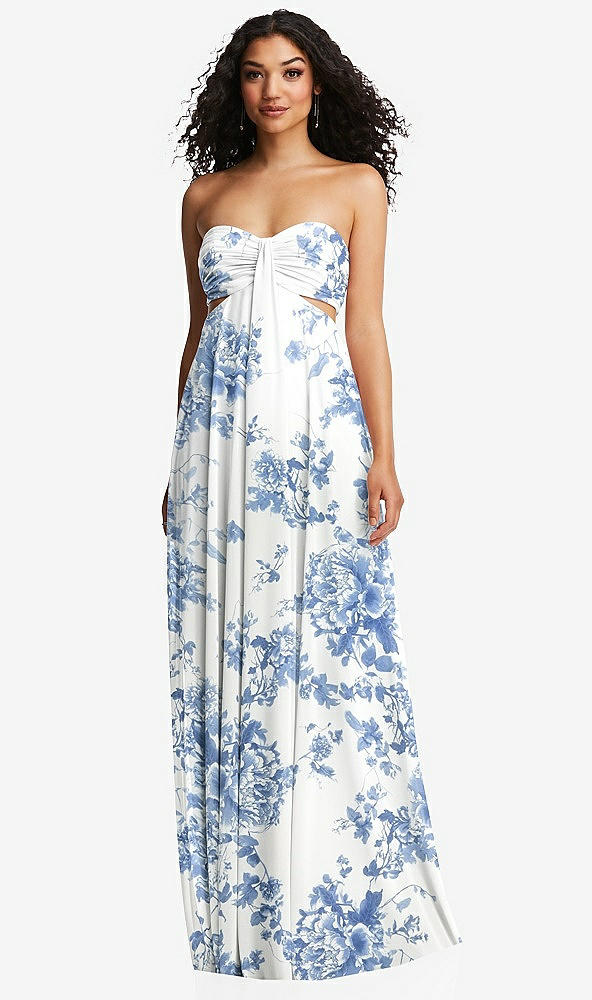 Front View - Cottage Rose Dusk Blue Strapless Empire Waist Cutout Maxi Dress with Covered Button Detail