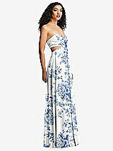 Side View Thumbnail - Cottage Rose Dusk Blue Strapless Empire Waist Cutout Maxi Dress with Covered Button Detail