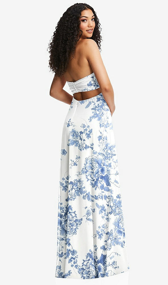 Back View - Cottage Rose Dusk Blue Strapless Empire Waist Cutout Maxi Dress with Covered Button Detail