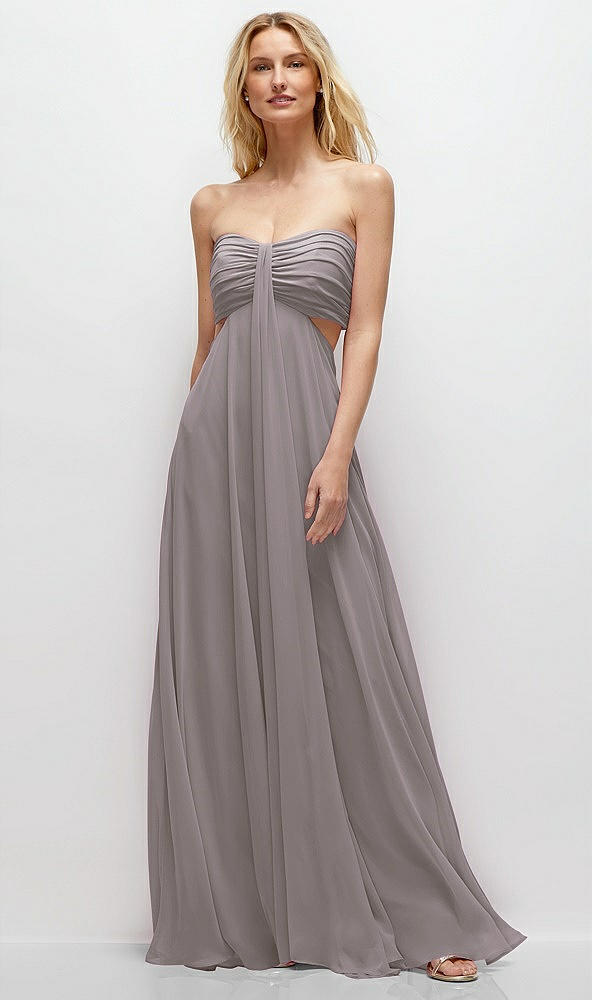 Front View - Cashmere Gray Strapless Empire Waist Cutout Maxi Dress with Covered Button Detail