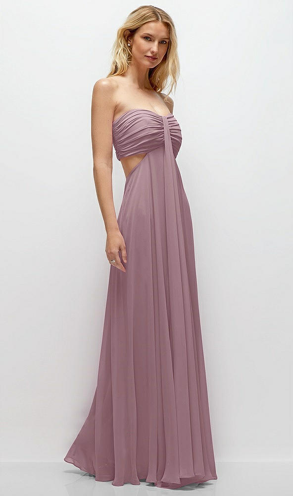 Back View - Dusty Rose Strapless Empire Waist Cutout Maxi Dress with Covered Button Detail