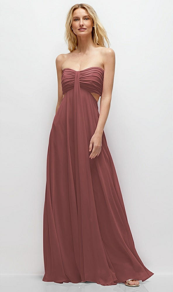 Front View - English Rose Strapless Empire Waist Cutout Maxi Dress with Covered Button Detail