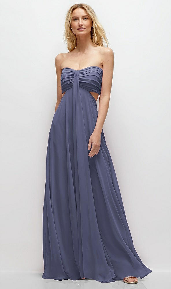 Front View - French Blue Strapless Empire Waist Cutout Maxi Dress with Covered Button Detail