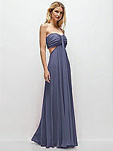 Rear View Thumbnail - French Blue Strapless Empire Waist Cutout Maxi Dress with Covered Button Detail