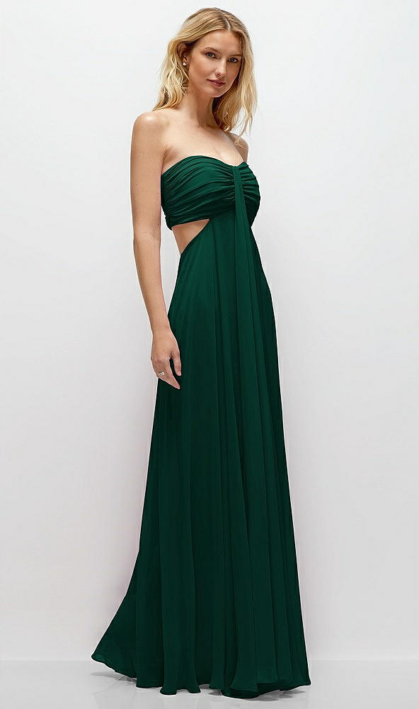 Back View - Hunter Green Strapless Empire Waist Cutout Maxi Dress with Covered Button Detail