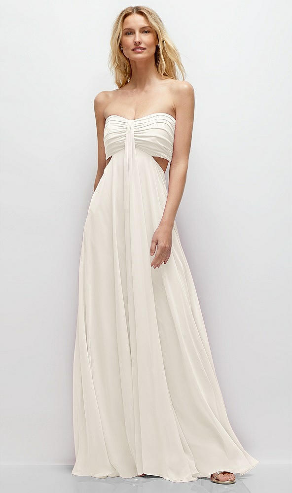 Front View - Ivory Strapless Empire Waist Cutout Maxi Dress with Covered Button Detail