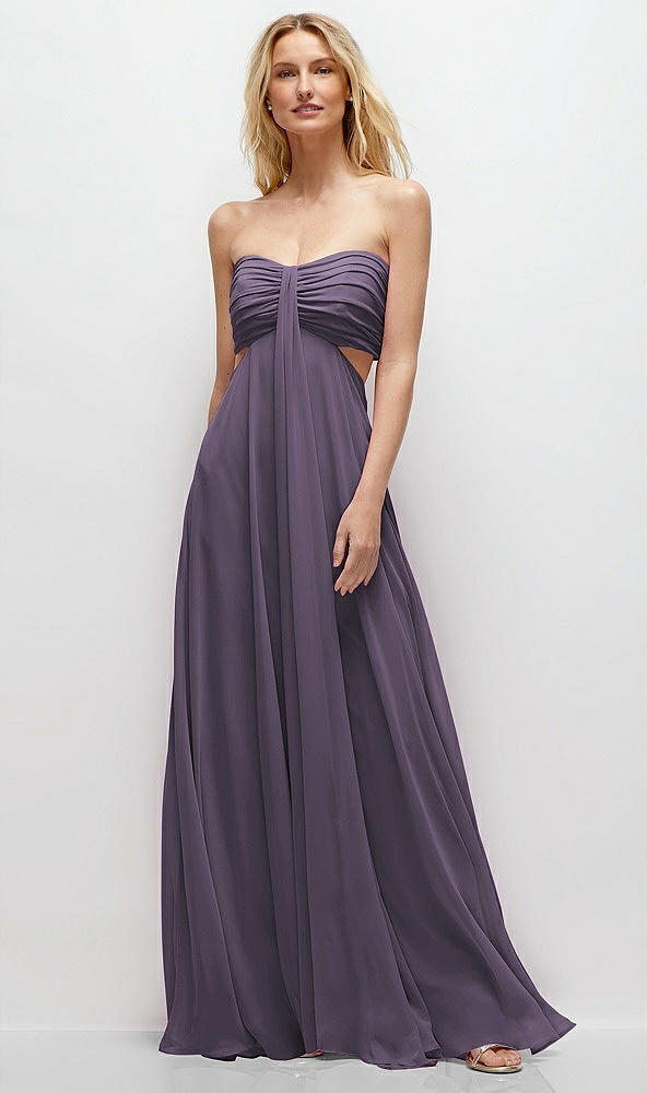 Front View - Lavender Strapless Empire Waist Cutout Maxi Dress with Covered Button Detail