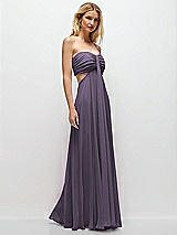 Rear View Thumbnail - Lavender Strapless Empire Waist Cutout Maxi Dress with Covered Button Detail