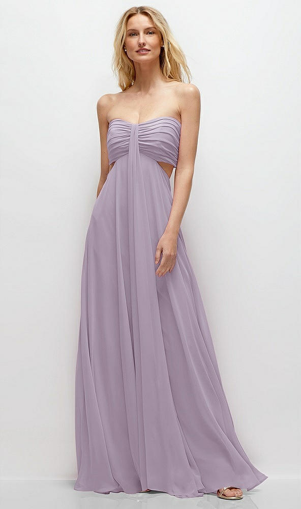 Front View - Lilac Haze Strapless Empire Waist Cutout Maxi Dress with Covered Button Detail