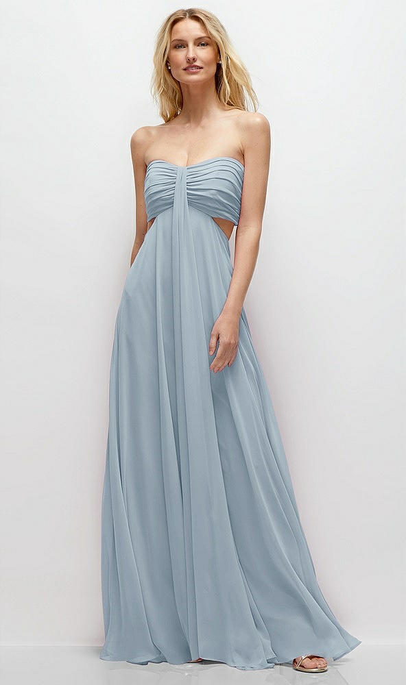 Front View - Mist Strapless Empire Waist Cutout Maxi Dress with Covered Button Detail