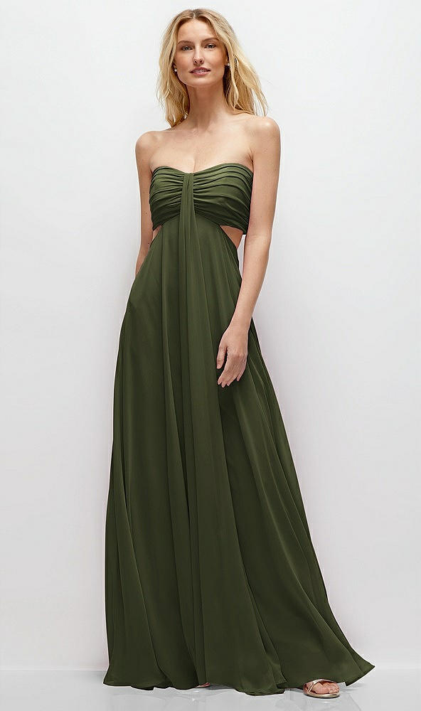 Front View - Olive Green Strapless Empire Waist Cutout Maxi Dress with Covered Button Detail