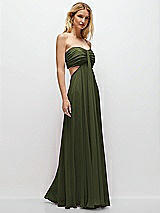 Rear View Thumbnail - Olive Green Strapless Empire Waist Cutout Maxi Dress with Covered Button Detail